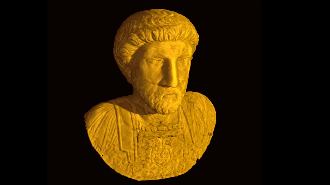 PSI-Neutronentomografie einer Büste des römischen Kaisers Marc Aurel.  Mit Neutronen konnte man in das Werk aus purem Gold hineinschauen.