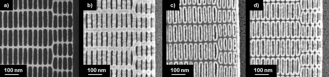 Scanning electron microscopy images of a zone plate with 8.8 nm outermost zone width at different stages during its fabrication process: HSQ template (a), after coating with iridium (b), after argon milling (c), and after HF vapour etch (d). The iridium line width is approx. 9 nm, the height 70-80 nm.