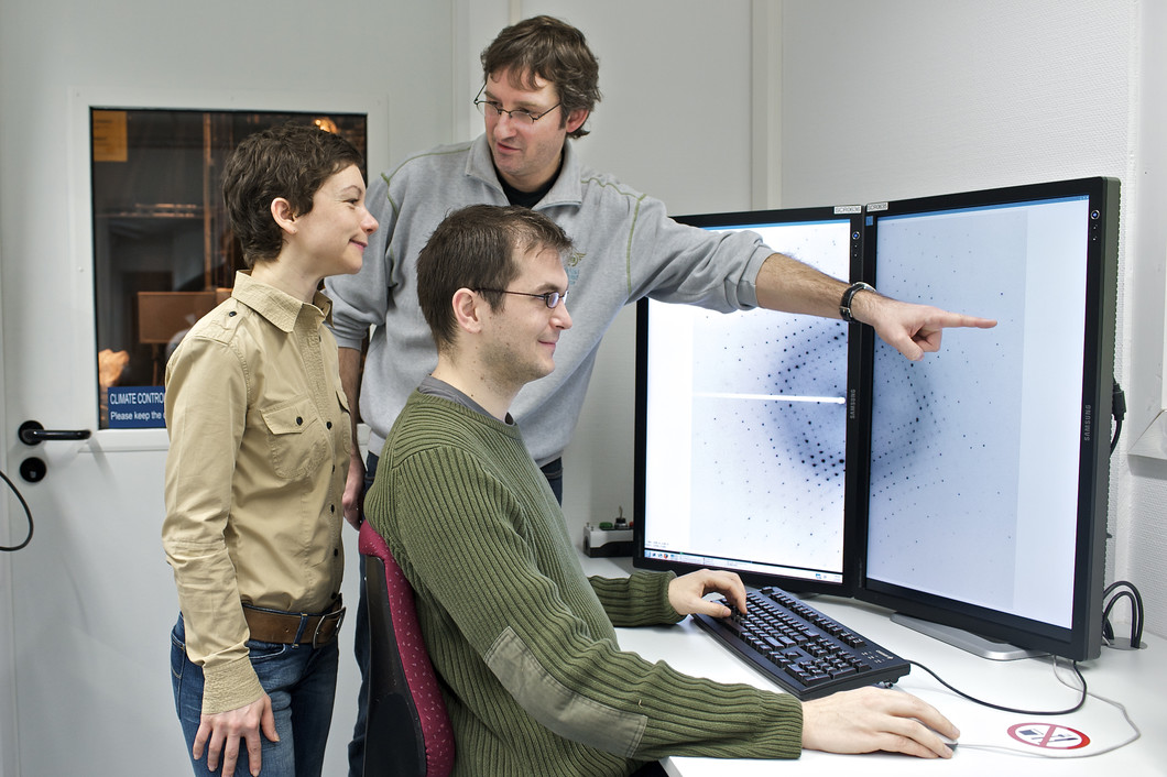 Michel Steinmetz, chercheur au PSI, (à l'arrière plan) discutant le résultat d'une expérience de cristallographie avec Natacha Olieric (à gauche) et Manuel Hilbert (assis à droite) (Photographie: PSI/M. Fischer)