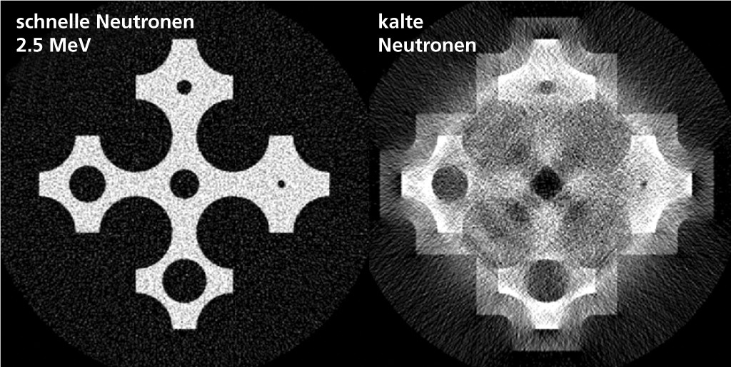 Simulation der Bildgebung von Blasenströumg (Wasser plus Gasblasen) durch die Unterkanäle in einem Model eines nuklearen Brennelementes. Das Bild mit schnellen Neutronen weist einen deutlich besseren Kontrast und Bildqualität auf als jenes mit kalten Neutronen. Bild: Paul Scherrer Institut.