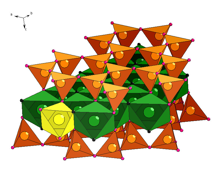 Abb. 2: Schematic representation of the uptake of divalent transition metals (yellow) at the edges of a clay particle. Image: Paul Scherrer Institute.