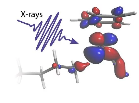 An X-ray flash illuminates a molecule. 