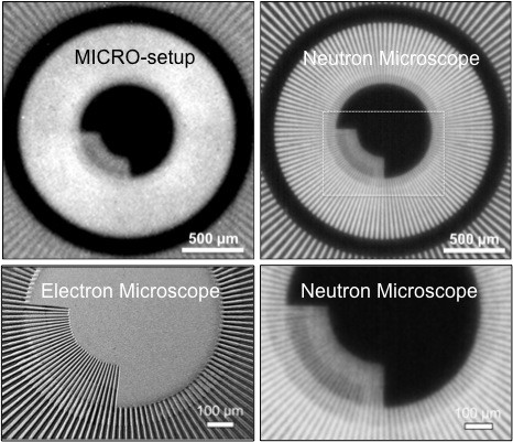 Comparison of the images of the gadolinium Siemens star test object using (left top) the standard MICRO-setup, (right) the neutron microscope, and (left bottom) an electron microscope . For details, please see Trtik et al [1].