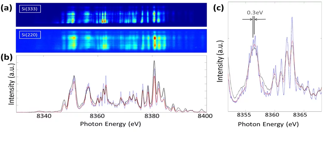 Figure 4: Comparison of single-shot spectra from the diffracted beam and the direct beam. (a) 2D images as recorded on the detectors, from the Si(333) (diffracted beam), and the Si(220) (direct beam) spectra. (b) Projections of the same shot from the Si(333) spectrometer (blue), the Si(333) spectrum after smoothening (red), and from the Si(220) spectrometer (black). The spectrum from the Si(220) reflection has similar overall features and intensity distribution. (c) Detail of the same spectra. SASE spikes …