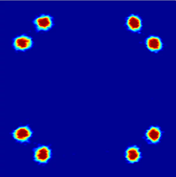 Neutronenstreudiagramme, die die Anordnung der Flusslinien im Supraleiter widerspiegeln.