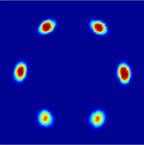 Neutronenstreudiagramme, die die Anordnung der Flusslinien im Supraleiter widerspiegeln.