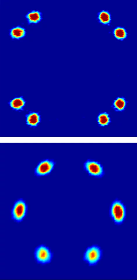 Neutronenstreudiagramme, die die Anordnung der Flusslinien im Supraleiter widerspiegeln. Im Experiment wird ein Strahl von Neutronen durch die untersuchte Probe geschickt. Dabei wird ein Teil der Neutronen durch die Anordnung der Flusslinien abgelenkt („gestreut“). Die Farbe im Diagramm entspricht der Zahl der Neutronen, die in eine Richtung gestreut wurden (blau – wenige Neutronen, rot – viele Neutronen). Beide Diagramme wurden bei den gleichen Bedingungen aufgenommen – bis auf die verschiedene Ausrichtun…