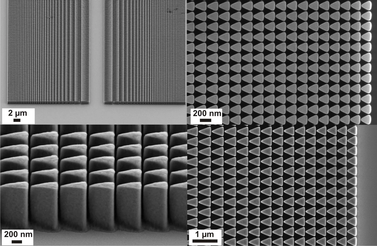 Scanning electron microscope images of nickel lens structures designed for blazed operation in tilted geometry.