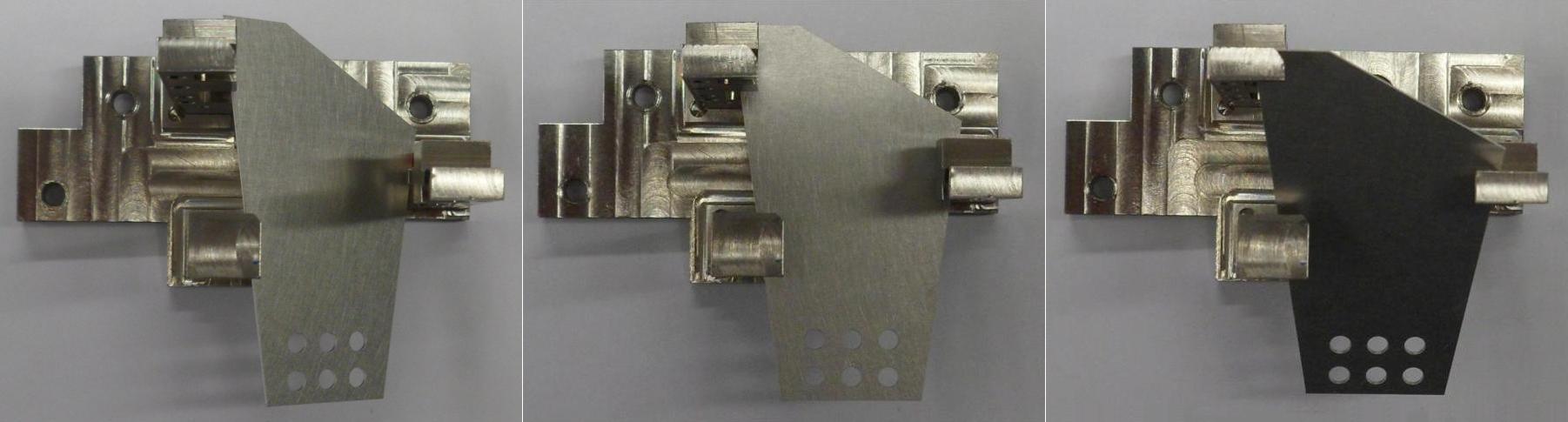 Tilted sample mount with sample plates mounted at (left) 30° yaw, (centre) flat and (right) 30° pitch orientations.