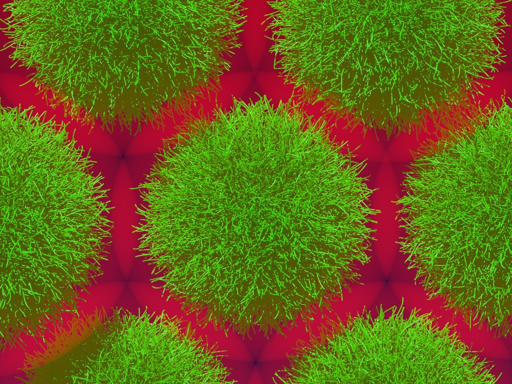 This graphical simulation shows the microgel particles (green) arranging themselves in the liquid, with their overlapping ion clouds (red) on their surface.  (Graphic: Urs Gasser)