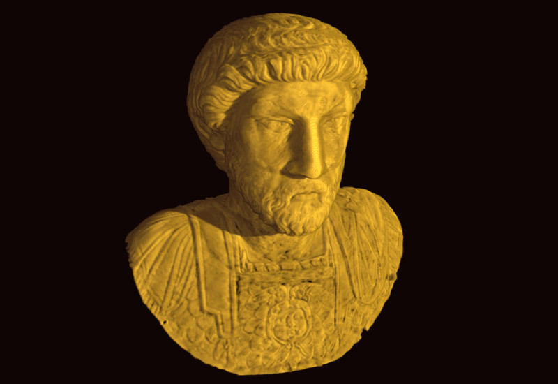 Tomographie neutronique d'un buste de l'empereur romain Marc Aurèle réalisée au PSI. Cette œuvre en or pur a été radiographiée à l'aide de neutrons.
