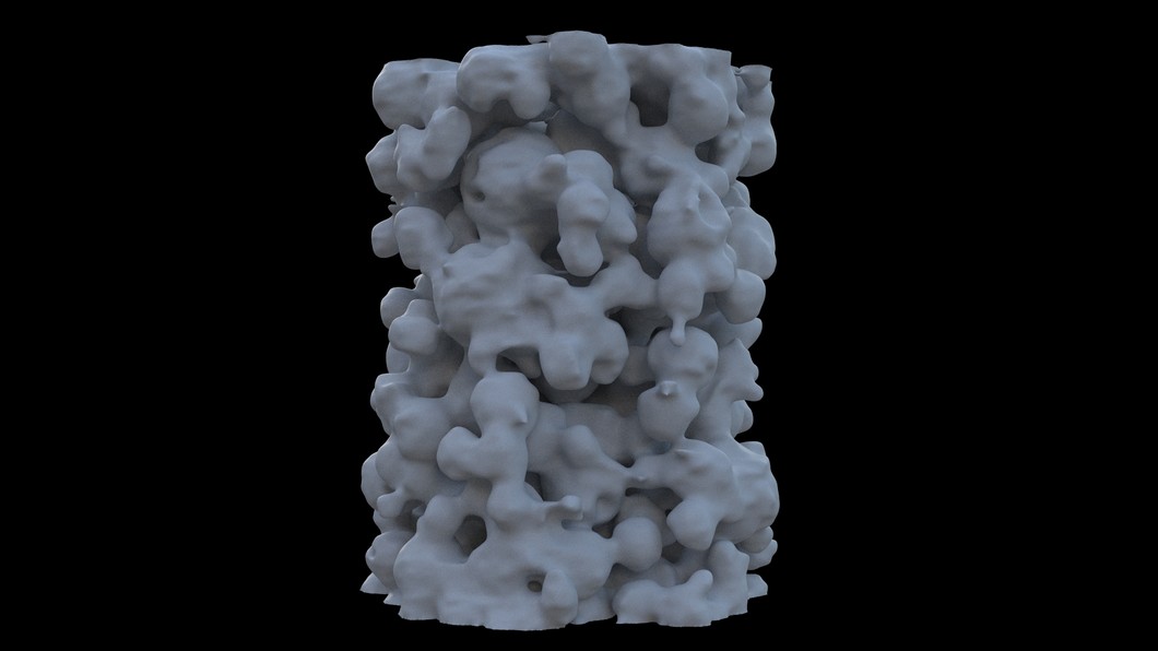 3D rendering of a portion of about 20 micron diameter of the cream cheese-like food system used for this study. Rendering by Liborius ApS.