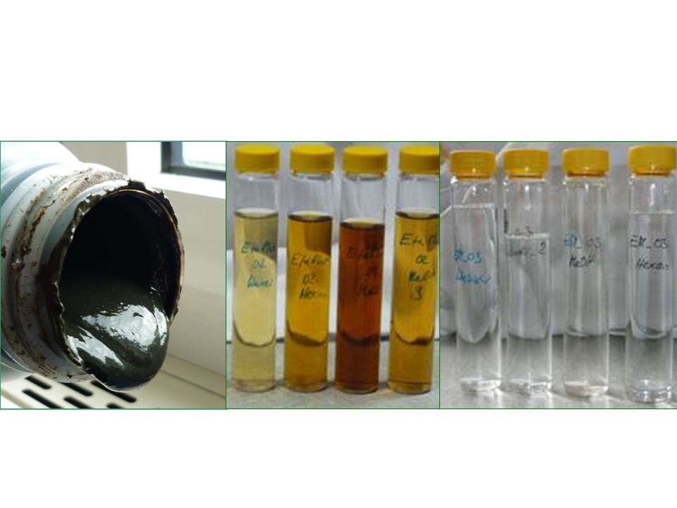 left: fermentation residue, mid: extract phases after liquefaction, right: extract phases after gasification