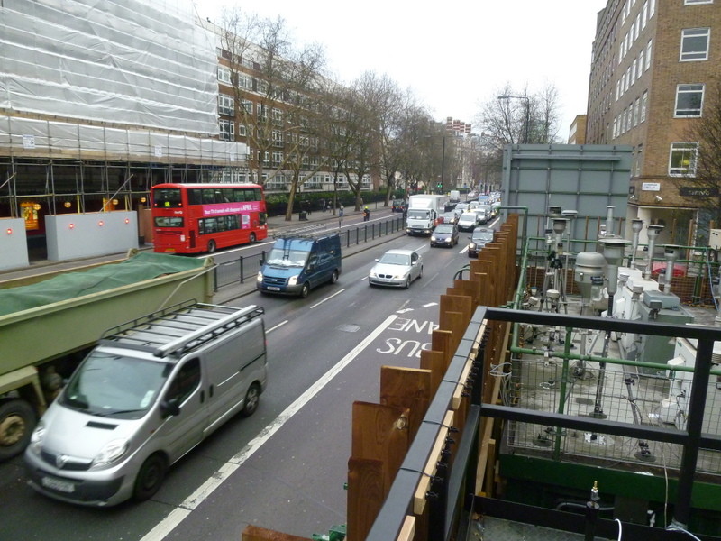 View of Marylebone Road, London, from the rooftop of the air quality monitoring site in January 2012.