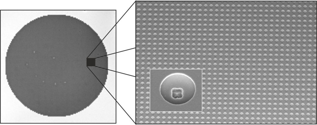 Double-gate FEA with 40'000 tips with 2 mm diameter. (Left) Overview, (Right) Closeup of a small part of the FEA and a single emitter