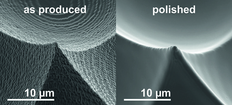 Fig1. Zoom into the micro-lens array as produced and after the new contact-less polishing process developed at PSI/LMN using high energy photons and selective polymer reflow.