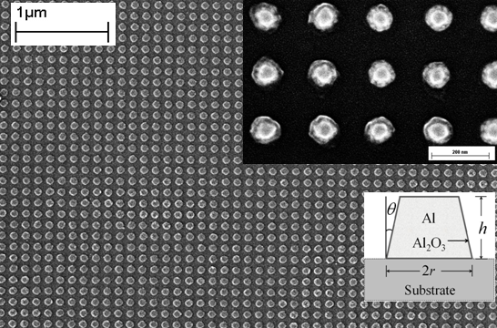 Well-defined Al nanoparticle arrays fabricated over large areas
using extreme-UV interference lithography exhibit sharp and tunable plasmon resonances in the UV and deep-UV wavelength ranges.