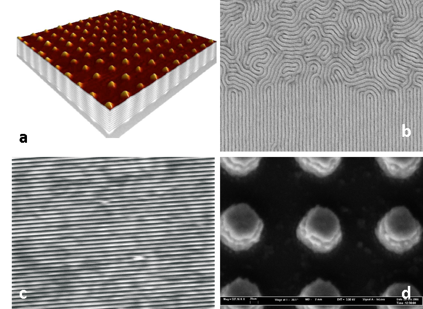 Examples for Applications of EUV-IL: a) 3D germanium quantum dots, b) Guided self-assembly of block copolymers, c) structuring of a graphene monolayer, and d) generation of metamaterials