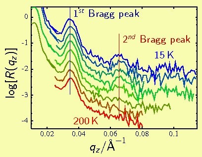Fig. 2: Neutron reflectometry data of a multilayer consisting of the ferromagnet LCMO and the high-Tc superconductor YBCO. The structurally forbidden 2nd Bragg peak appears at about 140 K, indicating that the magnetic induction profile deviates from the layer profile. Modulation of these measurements and other techniques tell that the magnetic field penetrates into YBCO with an antiparallel orientation compared to LCMO.