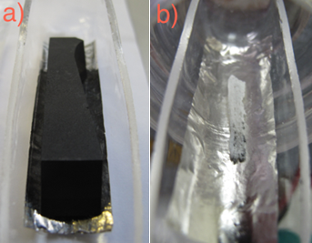Images showing a) a sample of proton irradiated graphite before and b) its residue after burning it in oxygen at 1000 °C. The white residue represents oxidised spallation products originating from carbon irradiation (Li, B and Be)