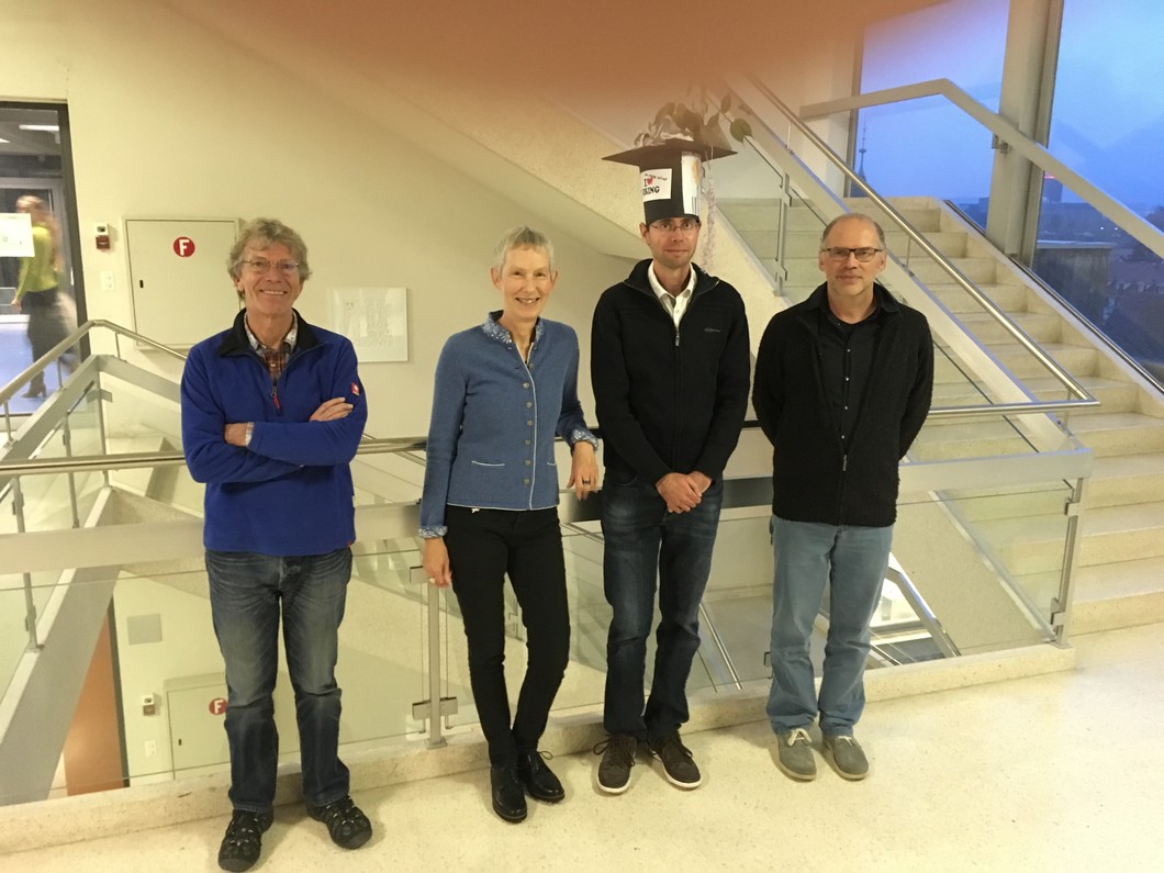 Dimitri Osmont and the thesis committee: Michel Legrand (IGE), Margit Schwikowski (PSI), Dimitri Osmont, and Willy Tinner (Uni Bern)