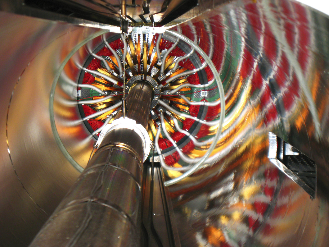 The pixel detector at the centre of the CMS after the installation stage at CERN. (Photo: H.R.Bramaz)