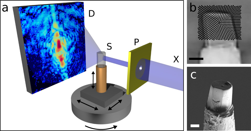 Schematic of the new nano-CT method. The sample is scanned with an X-ray beam while the detector records a diffraction pattern for every beam position. The sample is then turned around its axis and scanned again, until a complete set of data is gathered for every angle. A high-resolution three-dimensional image of the sample is then computed from the hundreds of thousands of diffraction patterns by means of specially developed image reconstruction algorithms.Copyright: M. Dierolf, P. Thibault, F. Pfeiffer …