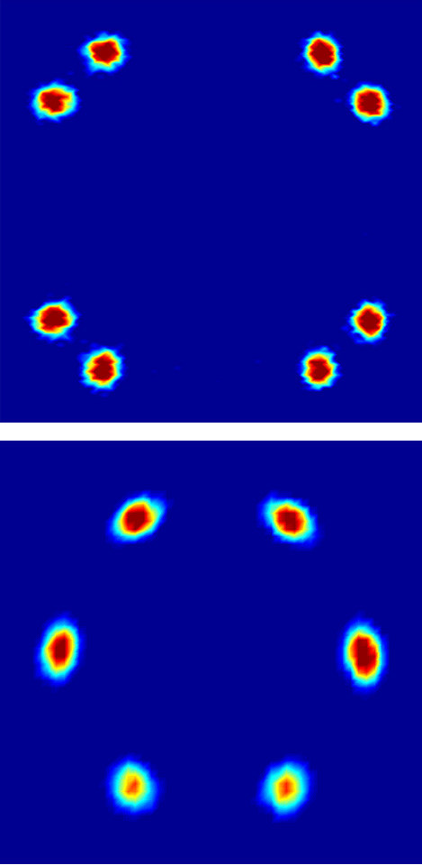 Neutron scattering diagrams reflecting the arrangement of the flux lines in a superconductor. In the experiment, a beam of neutrons passes through the superconductor and part of the neutrons are deflected (scattered) in various directions by the arrangement of flux lines. The colour in the diagrams reflects the number of neutrons scattered in the particular directions (blue – few neutrons, red – many neutrons). Both diagrams were recorded at the same conditions except for the orientation of the sample.