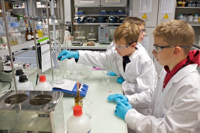 Die Jungs bestimmen im Chemielabor den pH-Wert. (Foto: PSI/M. Fischer)