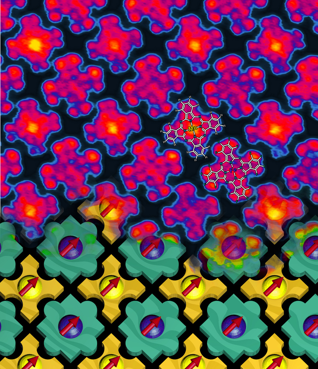 Das magnetische Nanoschachbrett. Oberer Teil: Abbildung der Moleküle mit einem Rastertunnelmikroskop. Bei zwei Molekülen ist die Molekülstruktur eingezeichnet. Unterer Teil: schematische Darstellung der Selbstorganisation der Moleküle – sie passen wie Puzzleteile zusammen und fügen sich so immer abwechselnd aneinander.