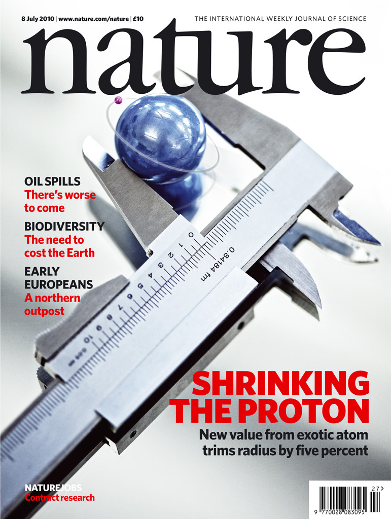Cover of the Nature issue reporting on the proton radius measurements at PSI using muons. The muon is represented by the small purple sphere. (Reprinted by permission from Macmillan Publishers Ltd: Pohl, R. et al. Nature 466, 213-217 (2010))