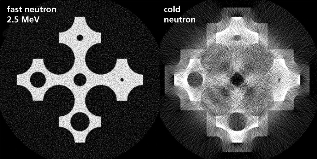 Simulation of bubbly flow (water and gas bubbles) in the subchannels of a nuclear fuel rod bundle model. The fast neutron image shows much better contrast and image quality than the cold neutron image.Source: Paul Scherrer Institute.