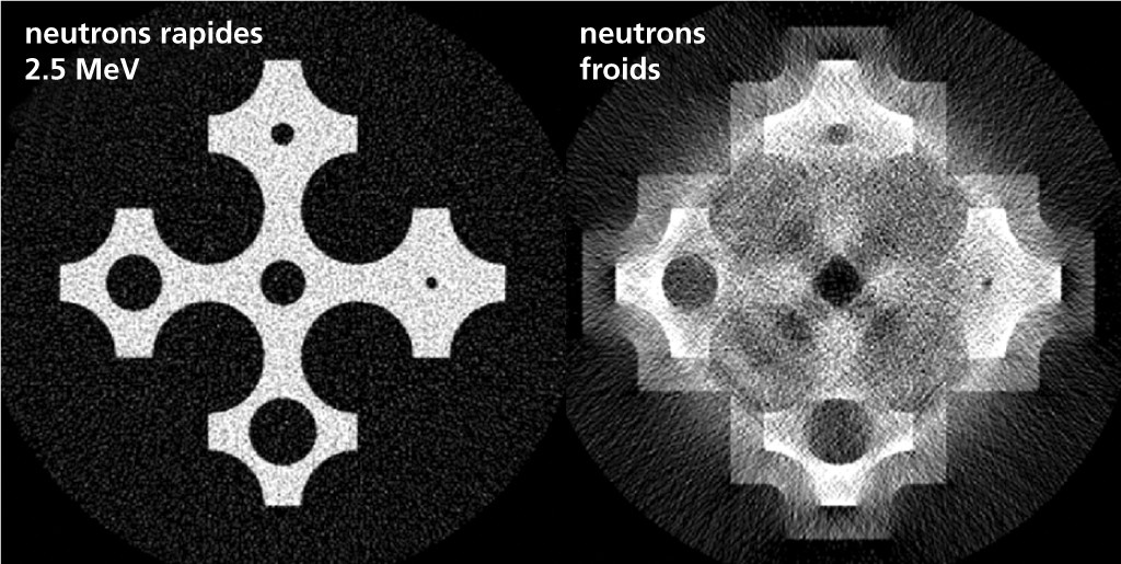 Simulation d’un courant aux bulles (de l’eau plus bulles) dans l’espace entre les éléments combustibles dans un réacteur nucléaire. On constate un plus claire contraste et qualité sur l’image à neutrons rapides que sur l’image à neutrons froids. Institut Paul Scherrer.