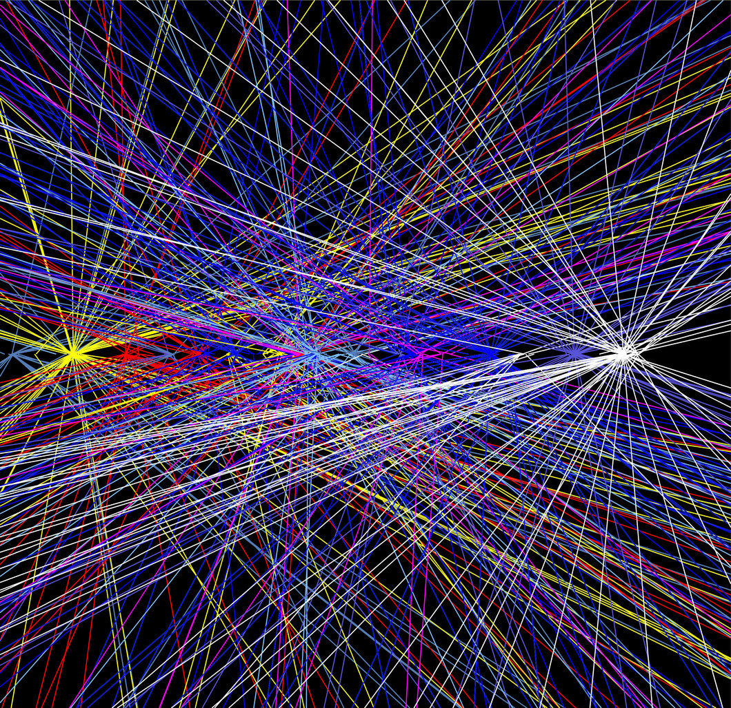 Trajectoires de particules, issues des collisions de protons au CERN. Ces trajectoires peuvent être déterminées avec une exactitude telle, qu’il est possible de remonter à leur point d’émission. Et donc de déterminer immédiatement de quelle collision sont issues telles et telles particules. Sans détecteurs de pixels, il serait tout à fait impossible d’atteindre la précision suffisante. Le programme informatique, nécessaire pour cette reconstruction, a été créé par Wolfram Erdmann (PSI). La largeur de l’ima…