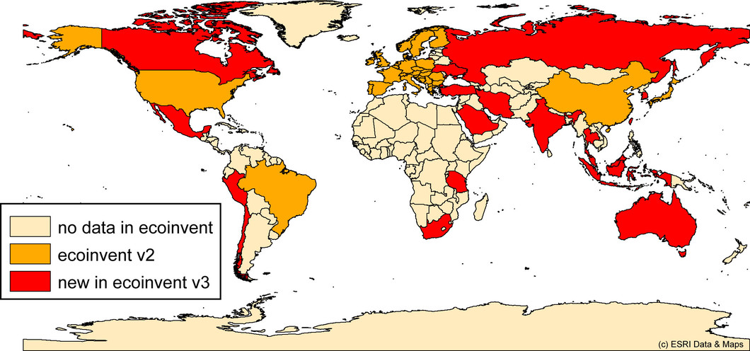 The ecoinvent database is becoming more and more comprehensive. On the map : in orange, countries with inventory data for electricity production in the second version of ecoinvent, in red: countries that have been added in the third version. The rest are countries for which there is no data for electricity production in ecoinvent.Source: Paul Scherrer Institute.