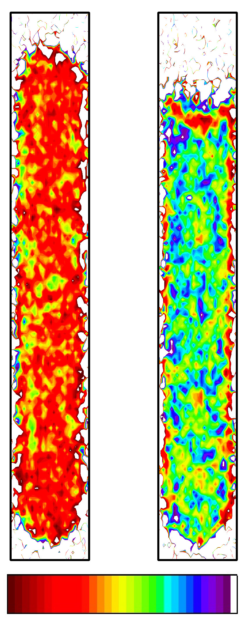 La répartition spatiale de la glace et de l'eau dans une colonne d'eau cylindrique, telle que mesurée dans la présente étude avec la nouvelle technique d'imagerie neutronique. Rouge signifie: seulement la glace présente, violet: seulement de l'eau liquide. Source: American Physical Society.