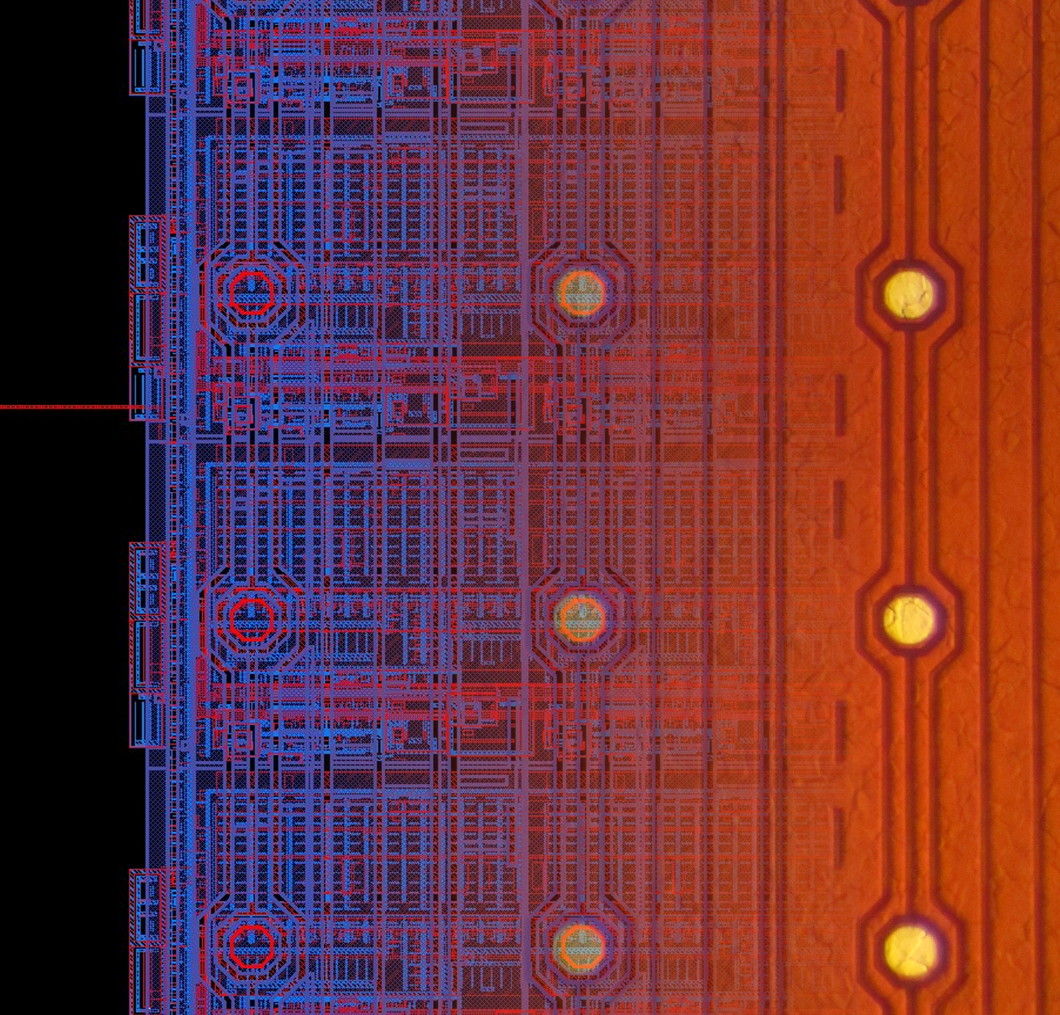 Détail du prototype 'Jungfrau'- Circuit integré du detecteur: Micrographe (droite) et structure du pixel (gauche) se superposent. Les neufs pixels sont reliés par un systeme complexe de connections. Un module de detection de SwissFEL comprend plusieurs millions de ces pixels. Graphique: Aldo Mozzanica.
