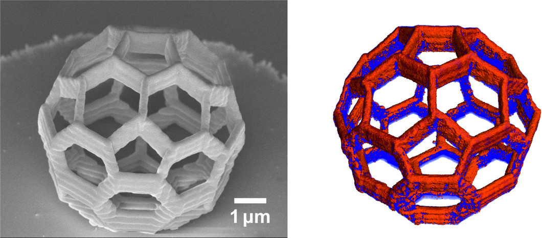 3-D-Bild der untersuchten Fussballstruktur. Im rechten Bild ist die Verteilung von Kobalt in Orange dargestellt (die Linie entspricht einer Länge von einem Mikrometer, d. h. dem Tausendstel eines Millimeters).