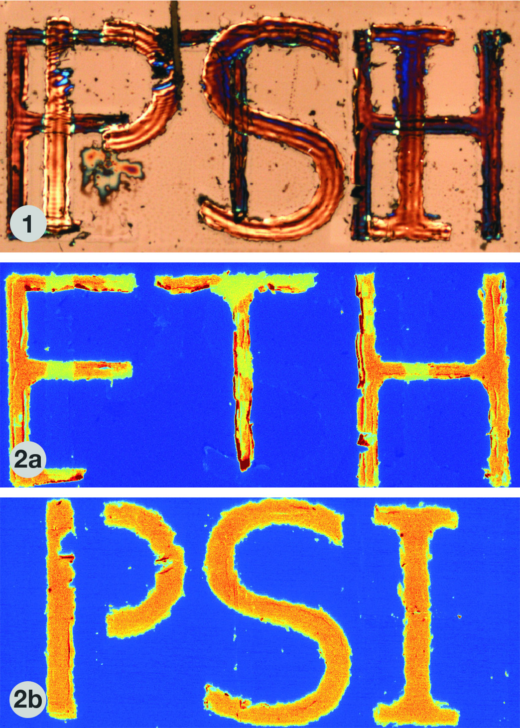 With chemical imaging, different chemicals can be made visible independently. Here the abbreviations ETH and PSI are written in the metals gold and silver. In a conventional optical microscope (1), one would see the two sets of lettering superimposed. In a chemical microscope (2a, 2b), each of the two metals can be made visible, so that the characters are clearly legible. (Reprinted with permission from Anal. Chem. 2013, 85, 10112. Copyright 2016 American Chemical Society)