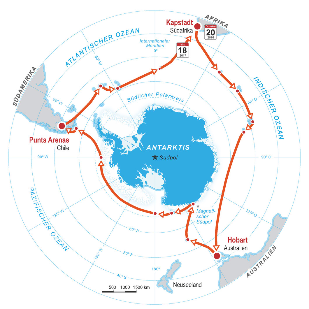 Die Route der Antarktischen Umrundungsexpedition (Antarctic Circumnavigation Expedition, ACE). Von Dezember 2016 bis März 2017 werden mehr als fünfzig Forschende mitreisen, darunter auch Julia Schmale, um Proben zu nehmen und Daten zu sammeln. (Quelle: EPFL Infographic/Pascal Coderay)