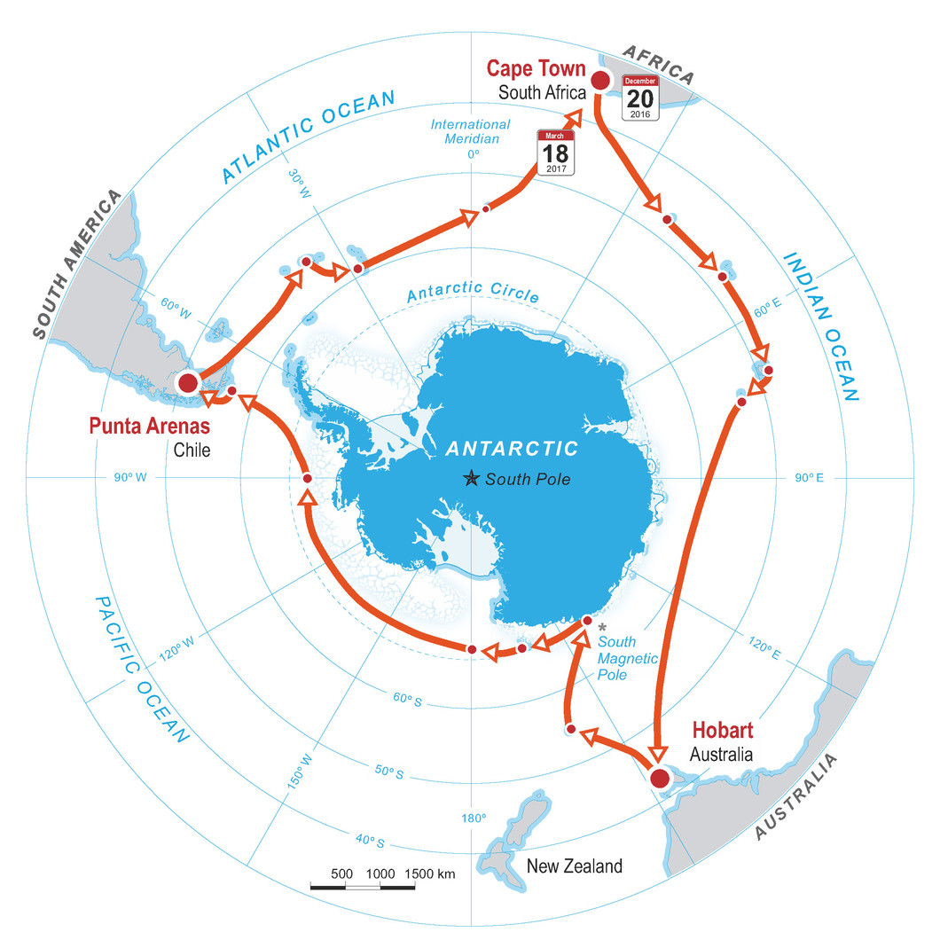 The route of the Antarctic Circumnavigation Expedition (ACE). From December 2016 to March 2017, more than fifty researchers — among them Julia Schmale — will journey together to collect samples and data. (Source: EPFL Infographic/Pascal Coderay)