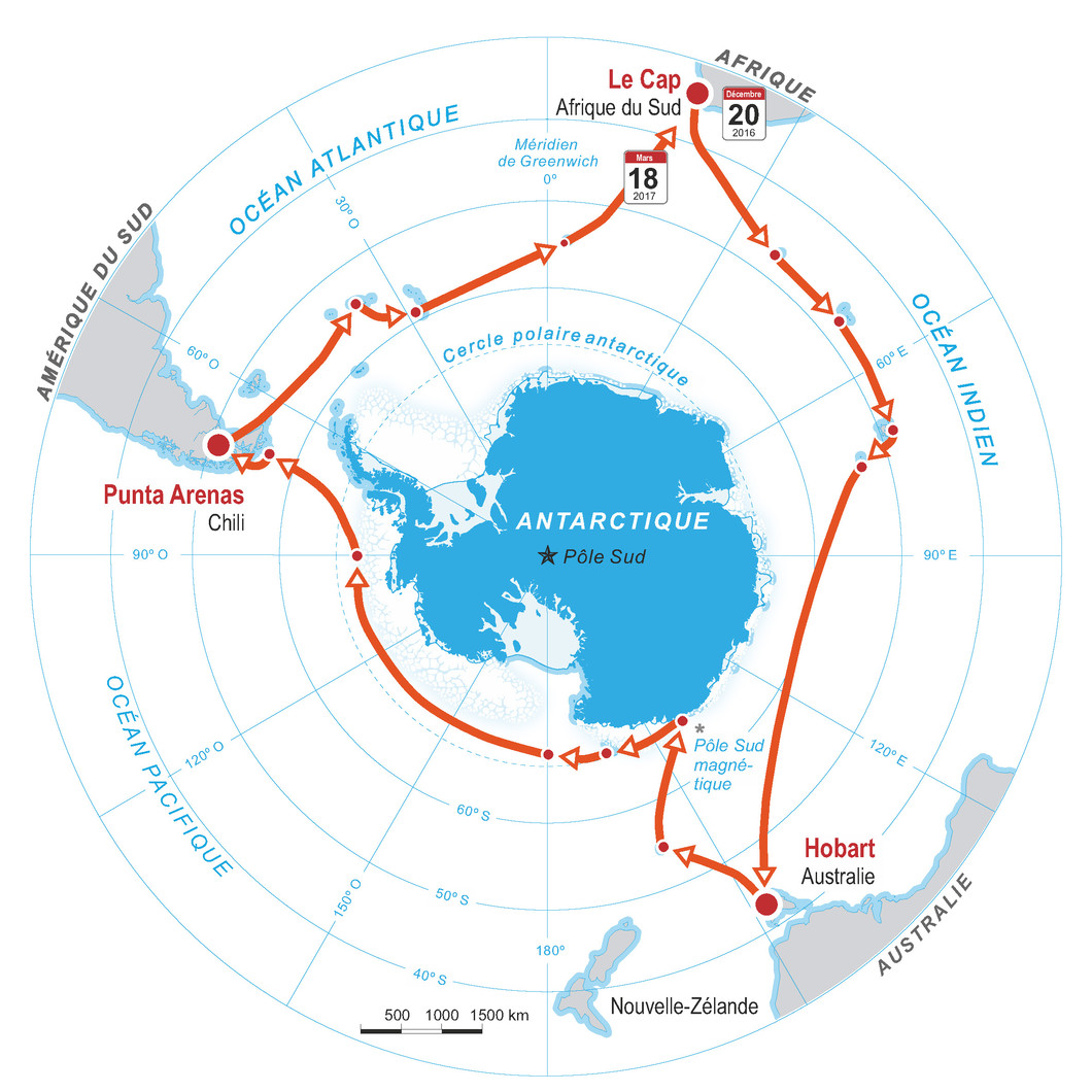 Route de l’expédition de circumnavigation autour du continent antarctique (Antarctic Circumnavigation Expedition, ACE). De décembre 2016 à mars 2017, plus de 50 chercheurs seront du voyage pour recueillir des échantillons et des données. Julia Schmale sera parmi eux. (Source: EPFL Infographic/Pascal Coderay)