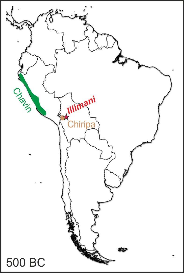 The image shows the schematic extension of the Chavin and Chiripa cultures in Southern America around 500 BC and the location of the Illiman site in the Bolivian Andes (red star). (Figure: Paul Scherrer Institute/Anja Eichler)