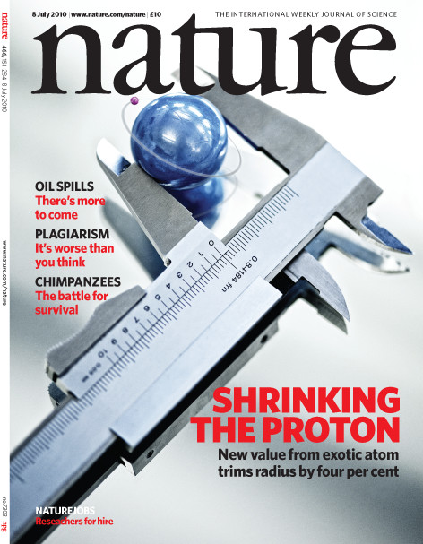 Cover of the Nature issue containing the paper about the proton radius measurement performed at PSI by means of the muonic hydrogen technique. (Reprinted by permission from Macmillan Publishers Ltd: Pohl, R. et al. Nature 466, 213-217 (2010))