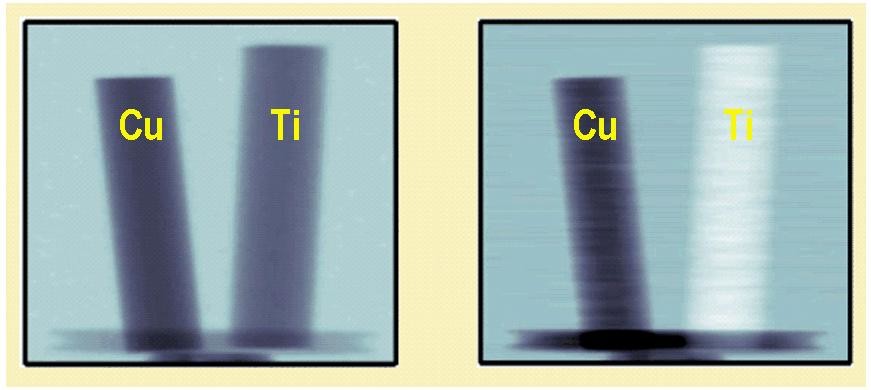 Figure 3: Measured neutron images of two metallic rods with 6 mm diameter made of copper and titanium. (Left) Conventional absorption image. (right) phase contrast image.