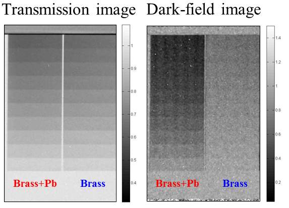 Figure 6: (Left) The transmission image of two brass step wedges. The left wedge is containing 3% of lead but no difference is reveal in this image. (Right) The dark-field image however clearly highlights the ability of detecting scattering, occurring from lead precipitations in the brass wedge.