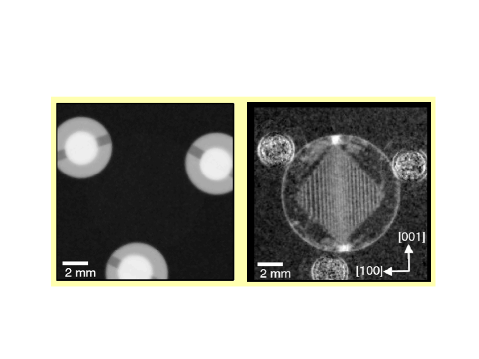 Figure 4: Measured neutron images of a magnetic sample (silicon iron) in the form of a disk with a thickness of 300 microns and 10 mm in diameter. (Left) Conventional absorption image. (right) Dark-field image. The white lines which form a rhombus are magnetic domain walls.