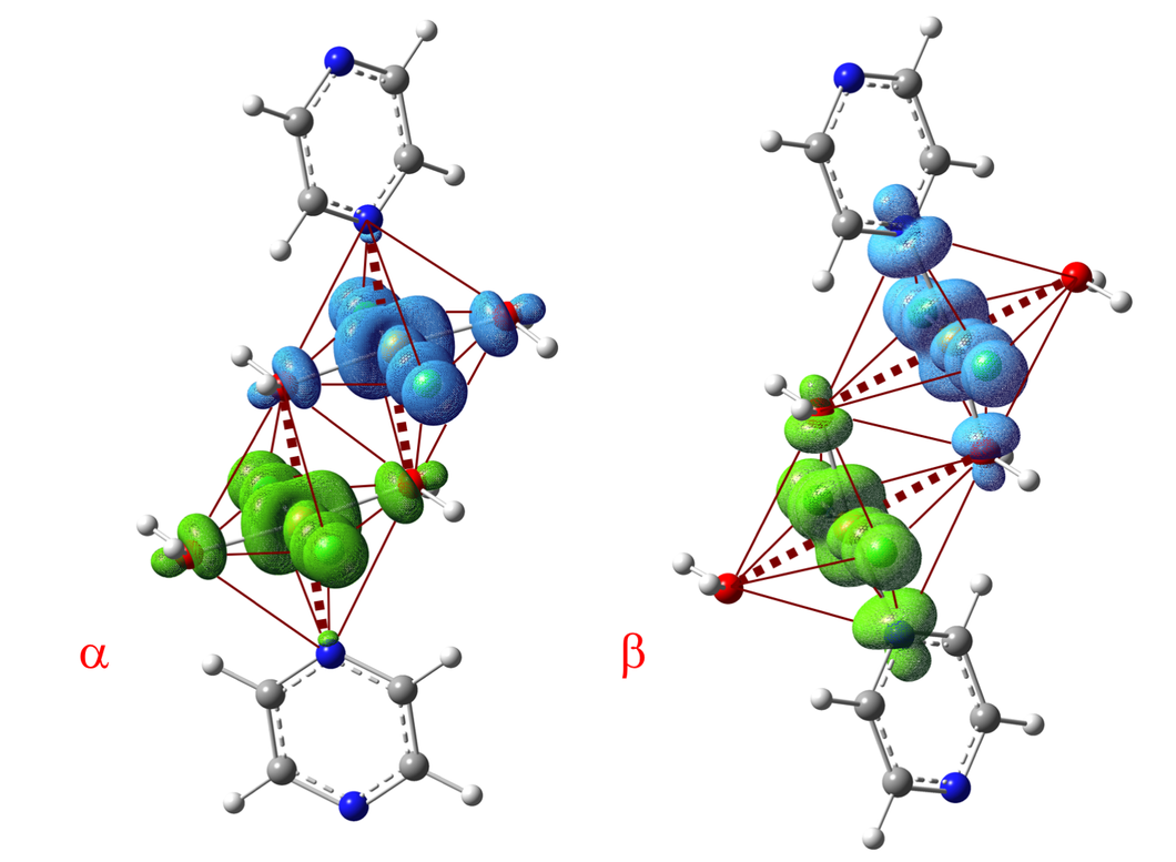 Crystallographic structure of [CuF2(H2O)2]2pyrazine below (left) and above the structural phase transition observed at 18 kbar. The images show calculated spin-density distributions of the ground state, with spins up and down represented in cyan and green, respectively. (Image adapted from [1].)