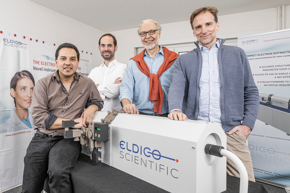 ELDICO Scientific closes seed financing round of CHF 1.5 million: (f.l.t.r.) Dr. Gustavo Santiso (Chief Scientific Officer), Nils Gebhardt (CFO), Dr. Eric Hovestreydt (CEO), Dr. Gunther Steinfeld (CTO)
