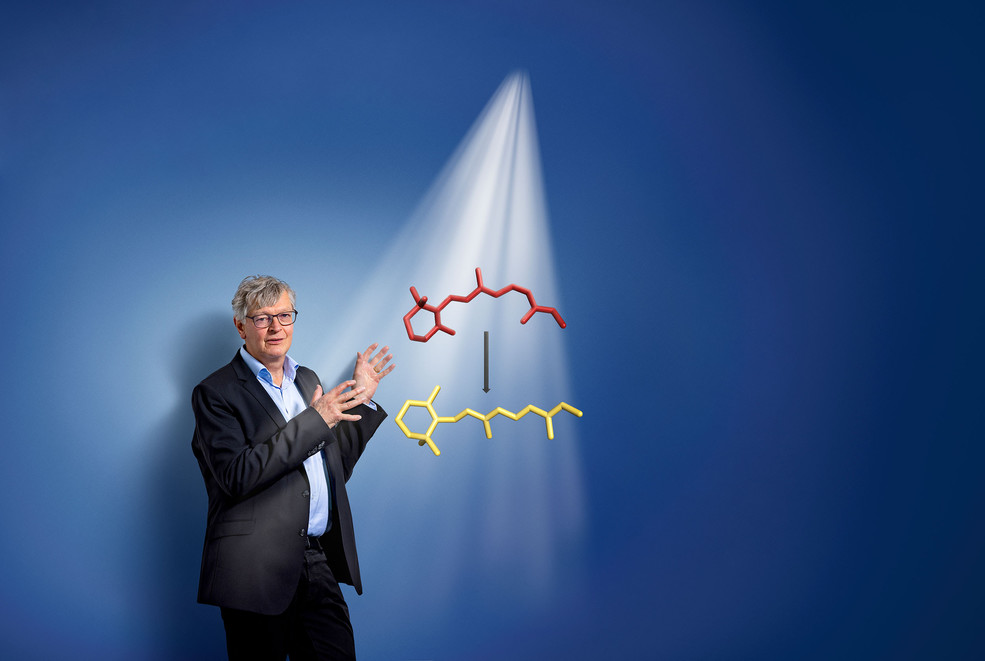 Gebhard Schertler, Leiter des PSI-Bereichs Biologie und Chemie, erklärt, was zu Beginn jedes Sehprozesses passiert: Das kleine Molekül Retinal in unserem Auge verändert bei Lichteinfall seine Form.